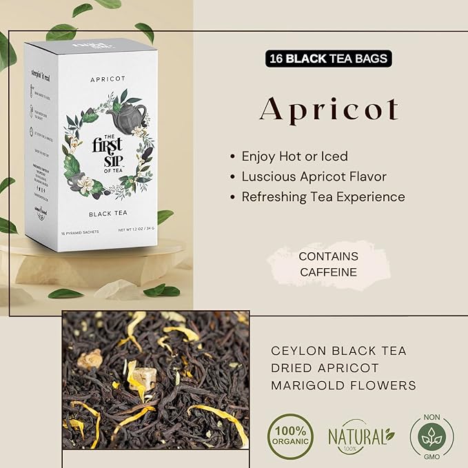 Apricot Black Tea Pyramid Tea Bags, High Caffeine, Hot & Iced Tea, 16 Cups, Natural, Flavored Black Tea Bags | The Spice Hut, First Sip of Tea