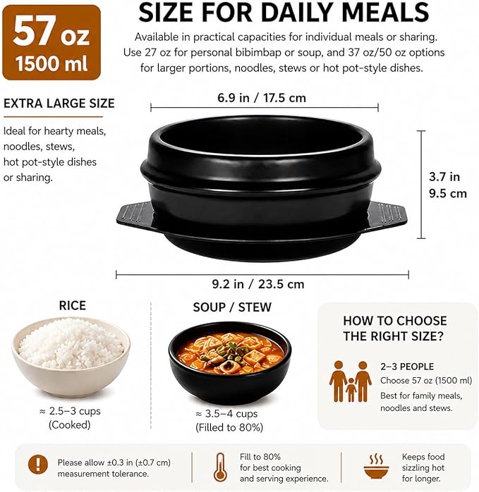 XICHENGSHIDAI Korean Stone Bowl with Tray, Dolsot Bibimbap Bowl, Earthenware Ceramic Hot Pot for Soup, Stew, Rice, Ramen and Ttukbaegi, Oven & Stovetop Safe, Black - 57oz