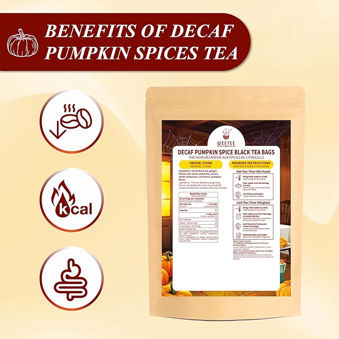 WT WEETEE Decaf Pumpkin Spice Tea, 50 Count Decaffeinated Black Tea Bags with Pumpkin Spice Chai Flavor, Warm, Spicy & Aromatic, Holiday and Fall | Halloween Tea
