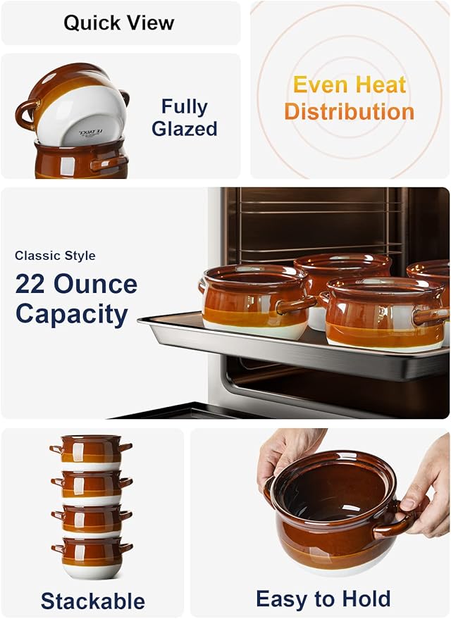 LE TAUCI French Onion Soup Bowls with Handles, 22 Ounce Ceramic French Onion Soup Crocks Oven Safe Serving Bowls for Soup, Chili, Beef Stew, Cereal, Pot Pies, Set of 4