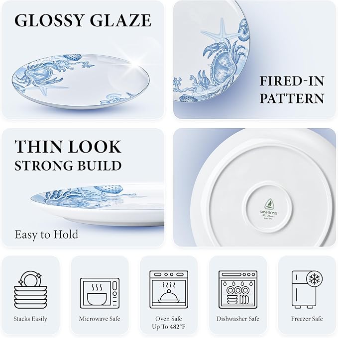 Minh Long 10.7 IN Porcelain Dinner Plates, Set of 6, Chip & Scratch Resistant, Oven Safe up to 482°F, Microwave & Dishwasher Safe, Ceramic Dinner Plates, Ideal size for Serving Steak or Main Course