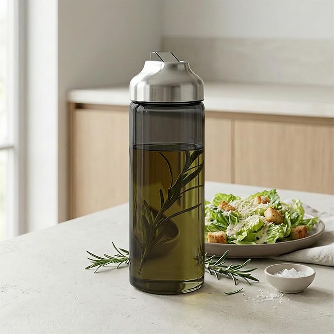 Aelga Olive Oil Dispenser Bottle for Kitchen, 14oz Dark Glass Vinegar Dispenser, Auto Flip Lid, UV-Protected Oil Cruet with Drip-Free Pour Spout