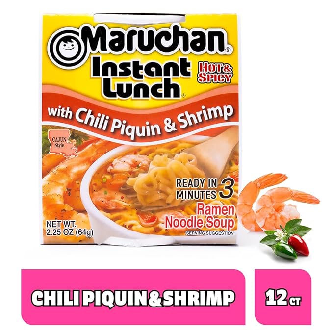 Maruchan Instant Lunch Ramen Noodles, Chili Piquin & Shrimp – Japanese-Style Instant Noodle Soup, Easy Meal Ready in 3 Minutes – 2.25 Oz. (12 Pack)