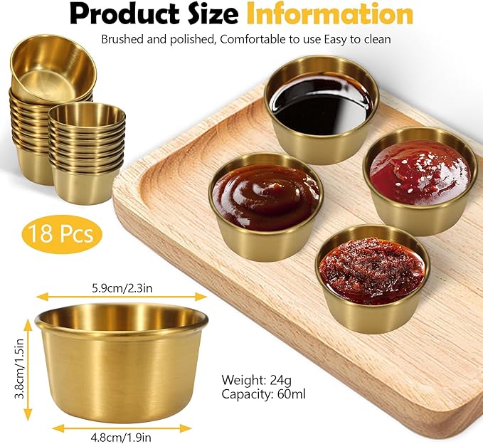 Huakaile 18 Pcs 2 oz Stainless Steel Dipping Sauce Cup, Mini Dip Bowls, Reusable Metal Condiment Cups Ramekins Containers for Ketchup Dressing Home Party Restaurant Kitchen (18PCS Gold)