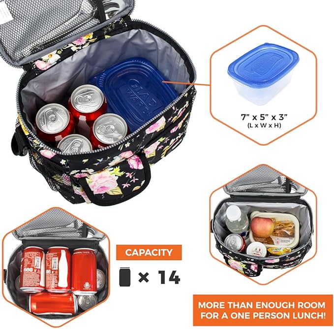 opux Insulated Lunch Box for Men Women Kids, Leakproof Reusable Lunch Bag Cooler for Work School Office, Soft Thermal Lunchbox Tote with Shoulder Strap for Boys Girls Adults, Floral Black, 14 Can/8L