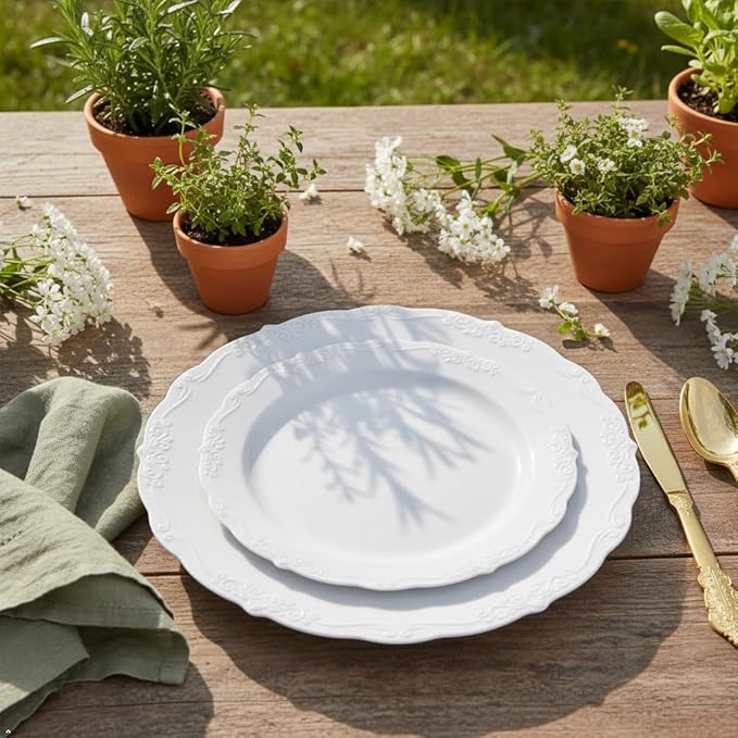 U-QE 60PCS White-Plastic-Plates for Party - High End Disposable Plates for Weddings - White Plates Disposable Heavy Duty Including 30PCS 10.25'' Dinner Plates & 30PCS 7.5'' Dessert Plates