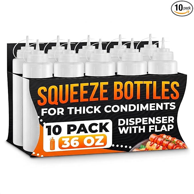 10-Pack Plastic Condiment Squeeze Bottles 36 oz – Refillable Squirt Bottles with Narrow Tip, Leak-Resistant | Great for Oil, Sauces, Ketchup, Mayonnaise, Syrup, Dressing, Summer BBQ and Catering Use