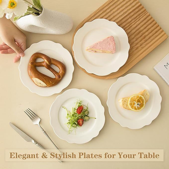 7.5 Inch Porcelain Small Dinner Plates Set of 12, White Leave Wave Rim Appetizer Plates, Dessert Salad Plates, Ceramic Serving Dishes for Cake, Snack, Ice Cream, Waffles, Microwave, Dishwasher Safe