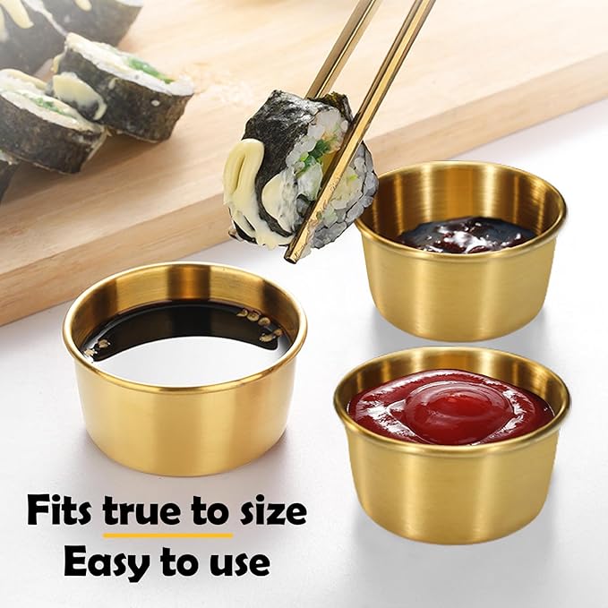 Huakaile 9 Pcs 2 oz Stainless Steel Dipping Sauce Cup, Mini Dip Bowls, Reusable Metal Condiment Cups Ramekins Containers for Ketchup Dressing Home Party Restaurant Kitchen (9PCS Gold)