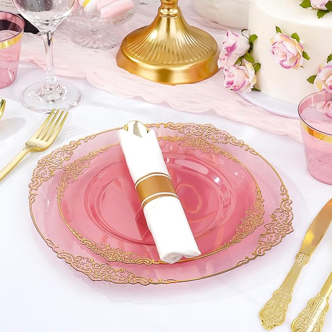 Bestluck 350 PCS Burgundy and Gold Plastic Plates, Disposable Dinnerware Set for 50 Guests, 100 Disposable Plates, 150 Silverwares, 50 Cups, 50 Napkins for Wedding, Party, Graduation