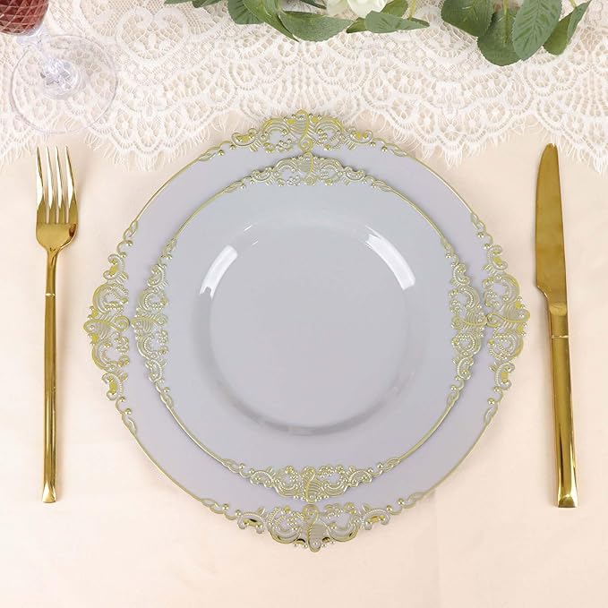 Efavormart 10 Pack | 8" Gray and Gold Baroque Dessert Plates, Leaf Embossed Metallic Rim Heavy Duty Appetizer Plates for Modern Loft Weddings