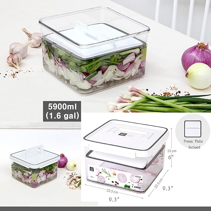 Pickle keeper Press Plate Food Storage Container Organizer for Kimchi Sauerkraut Fermentaion Airtight Lid Locking for Preserved Food (5900ml / 1.6 gal)