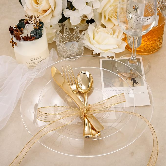 Hioasis 100pcs Clear Plastic Plates for Party - 10.25" Dinner Plates Disposable, Heavy -duty, Classy and Elegant for Weddin