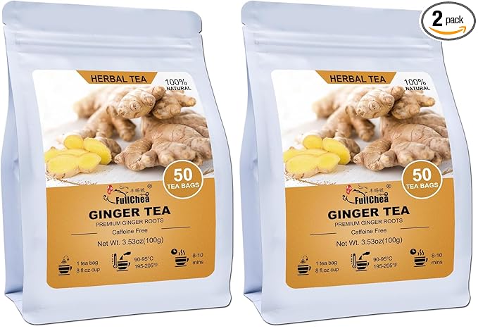 FullChea - Ginger Tea Bags, 2g*50 Teabags - Premium Ginger Root Tea Bag - Warm & Spicy - Non-GMO - Caffeine-free - Support Digestion & Boost Immunity (Pack of 2)