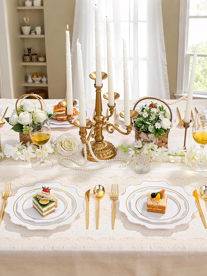 WDF 100PCS White and Gold Plastic Plates - Gold Disposable Plates - Include 50 Dinner & 50 Dessert Plate for Party - Heavy Duty Fancy Plastic Plate for Wedding/Thanksgiving/Bridal shower (Pack of 2)