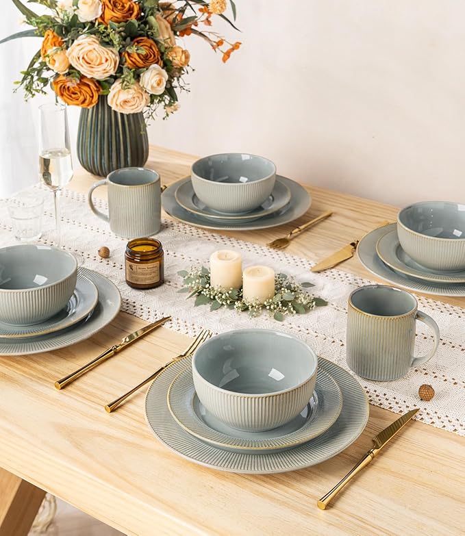 TheTerra Stoneware Dinnerware Sets for 6, 18 Pieces Ceramic Lightweight Plates and Bowls Sets, Scratch Resistant Embossed Dish Set, Oven, Microwave & Dishwasher Safe, Stone Sage