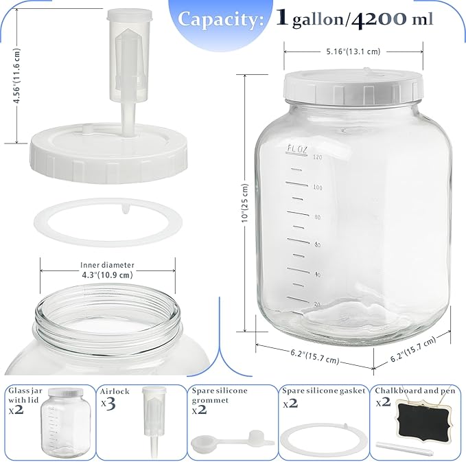 Folinstall 2 Pack 1 Gallon Large Fermentation Jars w 2 SCREW Lid and 3 Airlock - 100% Airtight Lid, Wide Mouth Glass Jar, Pickle Jar w Scale Mark for Sourdough Starter