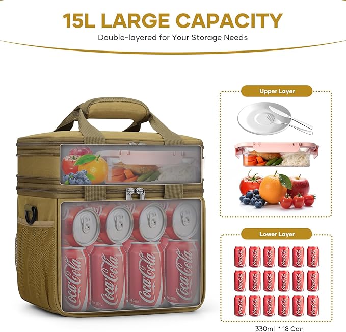 RealCool Lunch Bag, Insulated Lunch Box for Men Women, Double Deck Leakproof Soft Cooler Bag with Adjustable Strap, Reusable Lunchbox for Work, Travel, Camping (Khaki)