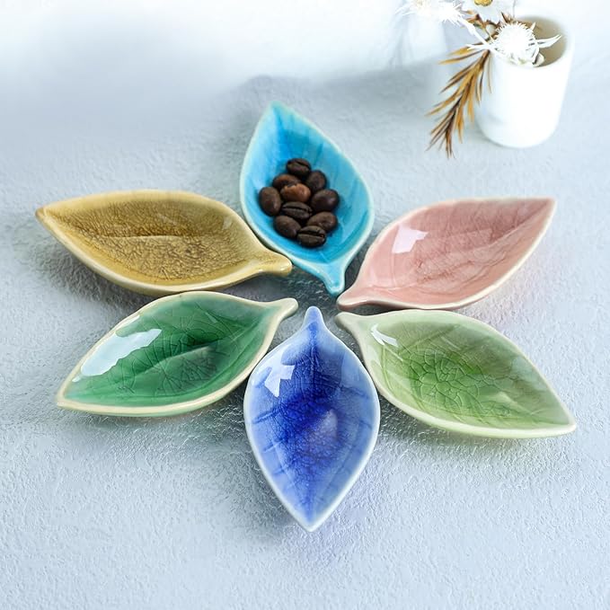 Colias Wing Colorful Leaf Shape Design Multipurpose Porcelain Side Dish Bowl Seasoning Dishes Soy Dipping Sauce Dishes(Set of 6)-Small