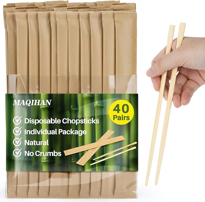 MAQIHAN 40 Pairs Wooden Chopsticks Disposable - Bamboo Chopsticks Chinese Food Japanese Sushi Korea Ramen Asian Cooking Hibachi Party Paper Packaging Individually Packaged Restaurant Business