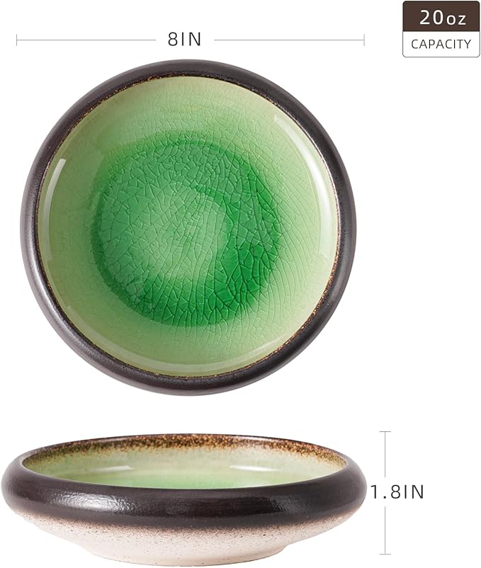 Uaral Japanese Salad Plate,Plates and Bowls Set,8 inch Stoneware Pasta Plates Set of 2,20oz(Ice Crack Green)