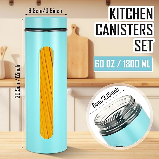 Patelai 6 Pack Kitchen Canisters Set Airtight Stainless Steel Canister Food Storage Container with Window Glass, Coffee Sugar Candy Jars Tea Organizer for Flour Cookies Spice(Turquoise,60 oz)