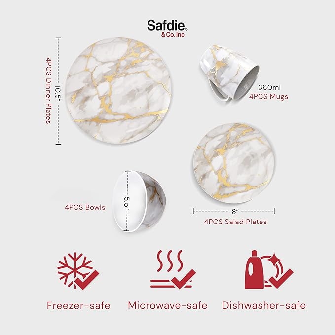Safdie & Co 16-Piece Modern Premium Porcelain Ceramic Dinner Set, Lightweight Designed, Stackable, in Gold Marble/Gray Finish