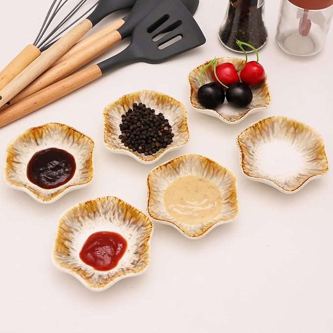 Set of 6 3.9 inch Ceramic Deep Soy Sauce Dipping Bowls Dishes,4 oz Small Sauce cups for Condiment Sushi Bowl, Mini Bowl for Side Dish, Ketchup,Soy Appetizer Plates (Sandy Beige)