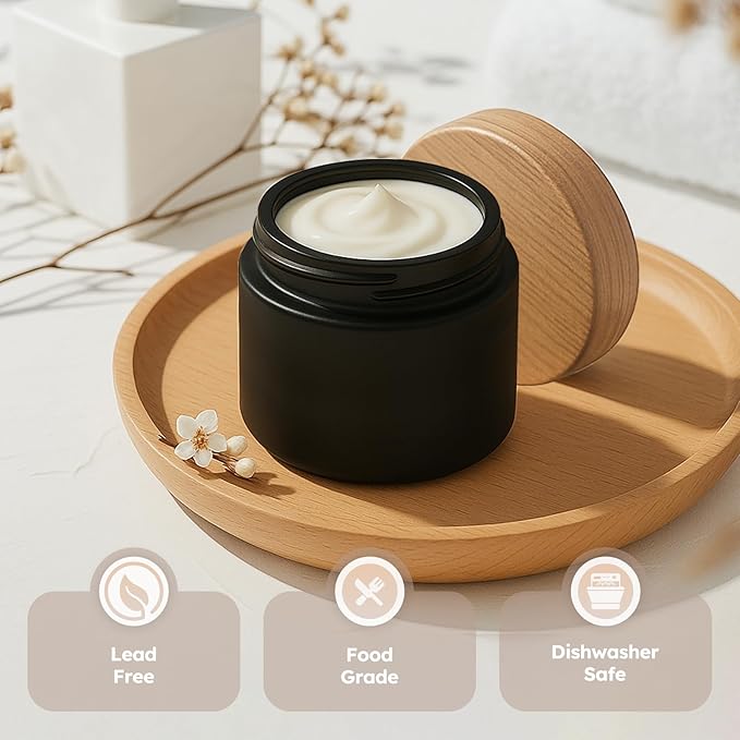 Small Glass Jars with Lids, 4 oz Black Glass Jars with Plastic Woodgrain Lids & Inner Liners Leakproof Round Airtight Empty Cosmetic Travel Containers - 2 pack