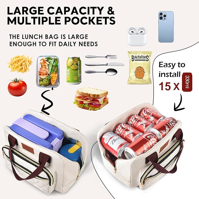 Genteen Lunch box for Women, Insulated Tote LunchBox for Adult Men Reusable Lunch Box with Front Pocket for Work, Picnic or Travel-15 Cans/14 Liters- white