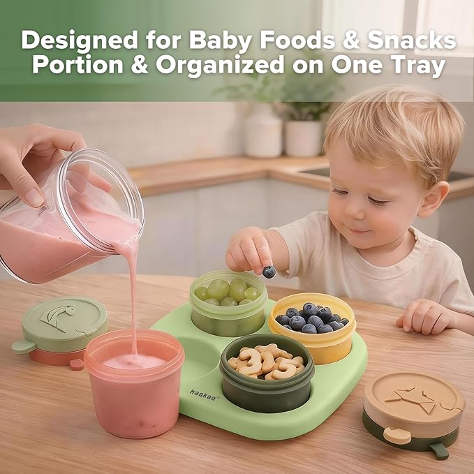 Haakaa Silicone Baby Food Containers, 4oz/120ml Baby Food Jars with Leakproof Lids and Tray, Freezer-Safe Food Storage for Purees & Snacks, 4 Pack,Spring Green Tray