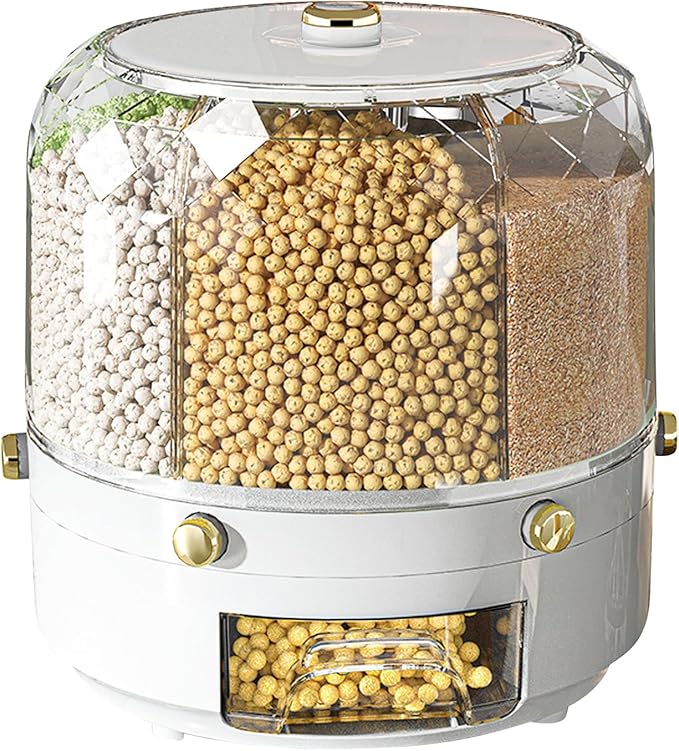 Grain Storage Container Rotatable Rice Dispenser Box 6 Grid Grain Dispenser 360 Degree Rotating Food Dispenser Cereal Dispenser Countertop for Beans Rice Grains(white)