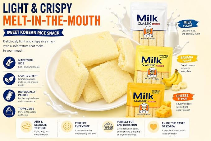 Milk Classic Rice Snack Variety Pack, Korean Crispy Rice Snack, Light & Melt-in-The-Mouth Texture, Individually Wrapped Travel Size Snacks, Banana Cheese Milk Flavors, 3 Pack, 1.97 oz Each