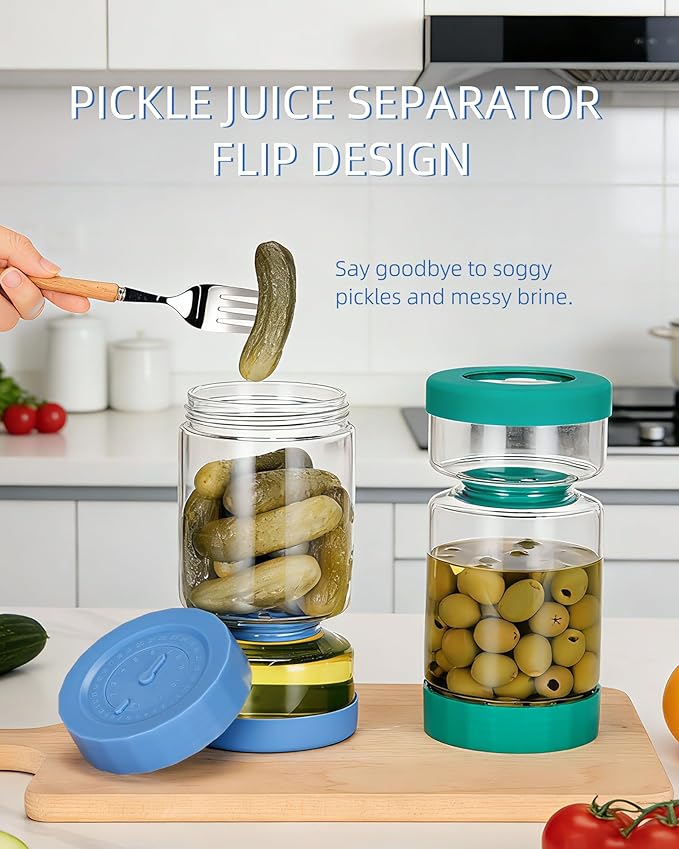 ZENS Pickle Jar with Strainer Flip, 37 oz Hourglass Pickle Juice Separator Container, Airtight Leakproof Lid, 2 Pack Pickling Jars for Olive, Jalapeno Container-Dual Wet-Dry Design