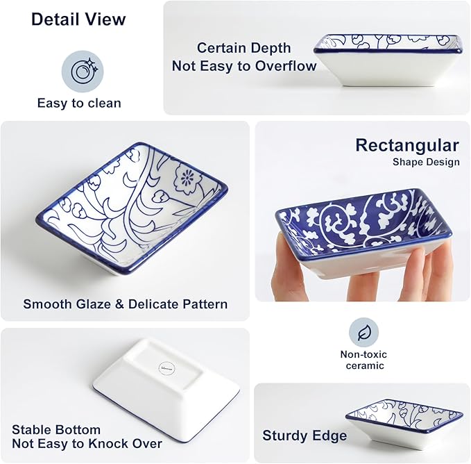 Selamica Ceramic Soy Sauce Dish, Rectangulal Side Dishes, 3.75 Inch Dipping Bowls for Sauce Ketchup Sushi Condiment Seasoning, Set of 6, Vintage Blue
