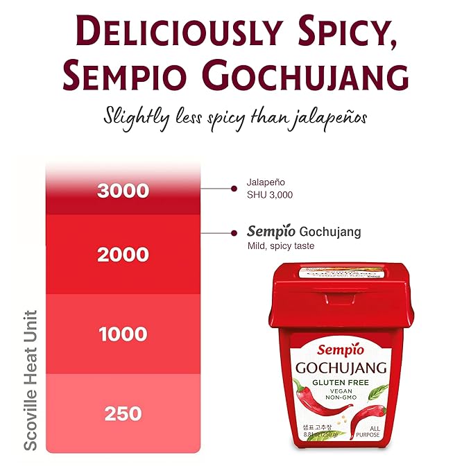 Sempio Gochujang Vegan Korean Red Chili Pepper Paste - Gluten Free: Sweet Spicy Savory Paste, Traditional Fermented Condiment for Cooking, Marinades, Dips, Sauces, Non GMO (8.8oz/250g)