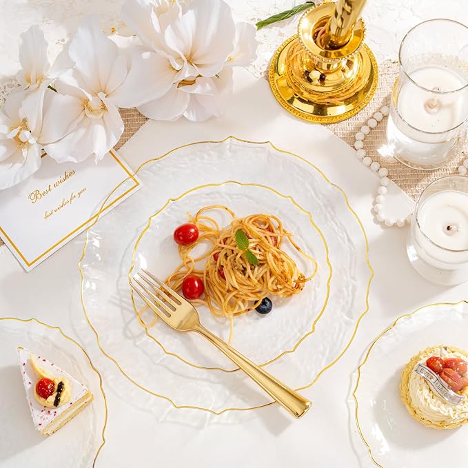bUCLA 40PCS Clear and Gold Plastic Plates - Fancy Lace-Edge Clear Plates with Gold Trim Hammered Disposable - Include 20 Each(Dinner&Dessert) for Party & Wedding
