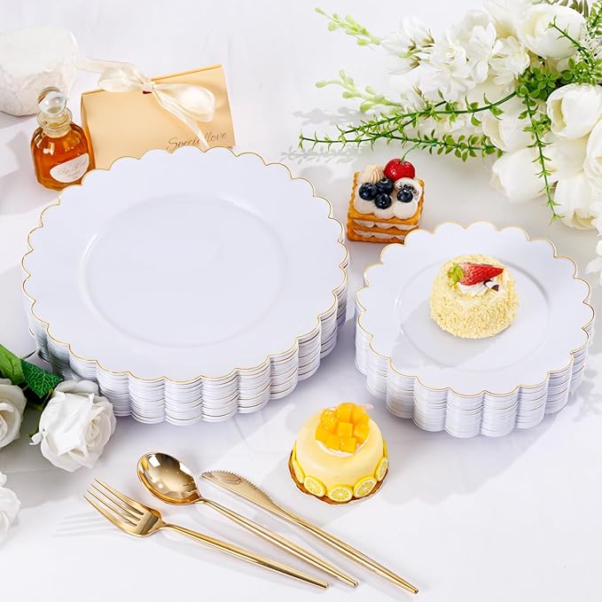 LIYH 60 Pcs Gold White Plastic Plates Scalloped Disposable Combo Includes 30 Dessert & 30 Dinner Plates for Monthers Day Birthday Wedding Party