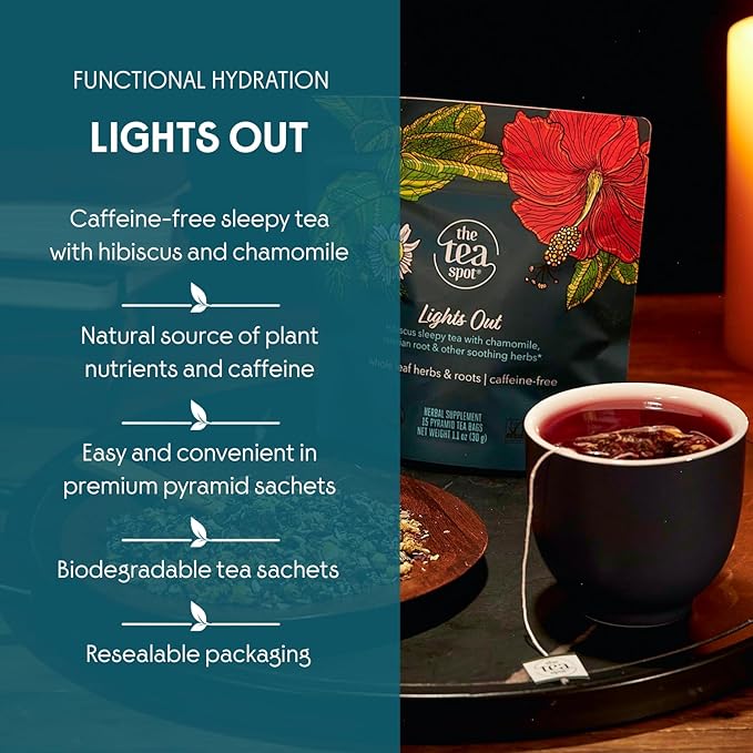 The Tea Spot Organic Lights Out Tea with Valerian Root Relaxation | Blend of Hibiscus, Peppermint, Chamomile, Lavender, Licorice Root & Valerian Root | Caffeine-Free 15 Tea Bags, Pack of 1