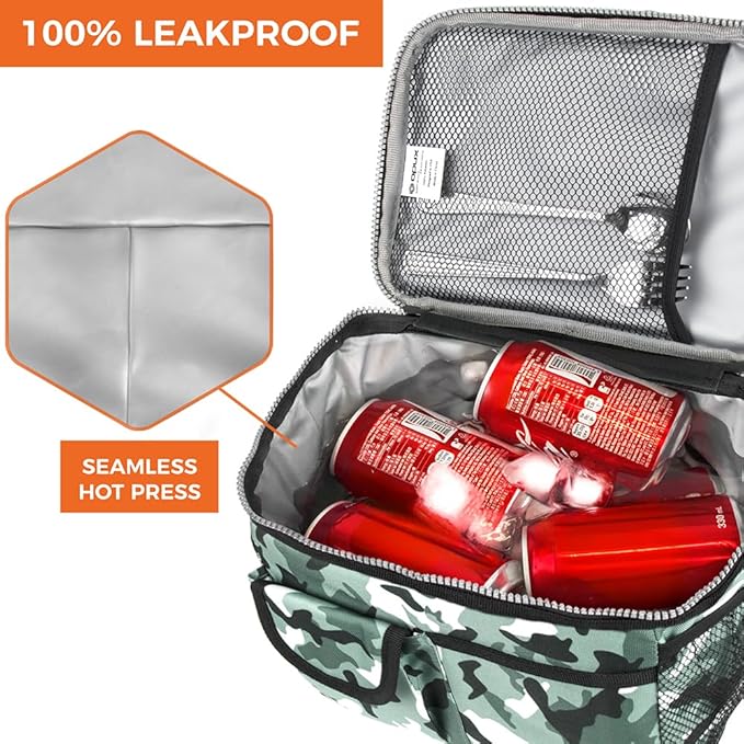 opux Insulated Lunch Box for Men Women Kids, Leakproof Reusable Lunch Bag Cooler for Work School Office, Soft Thermal Lunchbox Tote with Shoulder Strap for Boys Girls Adults, Camo Green, 14 Can/8L