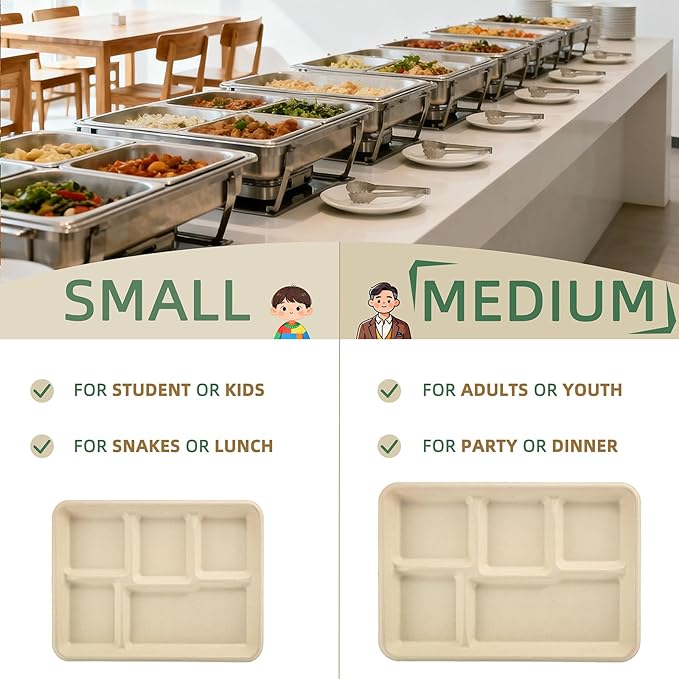 WELLIFE 100% Compostable 5 Compartment Paper Plates, 100 Pack Disposable School Lunch Trays Divided Plates for Adult Youth, 12.5 * 8.6 inch Heavy Duty Eco-Friendly Bagasse Plate for Buffet and Party