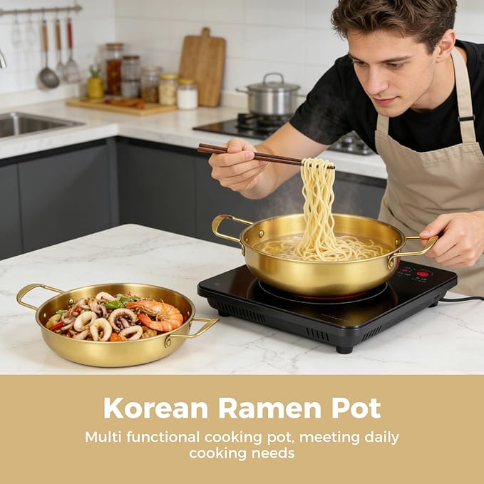 4Pcs Korean Ramen Pot Set,Stainless Steel Ramen Pot with Double Handles, 8.4-10.7 in Diameter Korean Noodle Pot Golden Soup Pots & Cooking Pots for Stove,Pasta,Soup