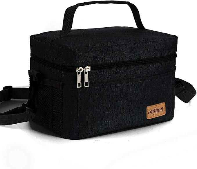 ONFAON Lunch Bag for Men/Women, Insulated Reusable Lunch Box Leakproof Cooler Tote Bag Freezable with Adjustable Shoulder Strap for Office Work Picnic Beach(Black)