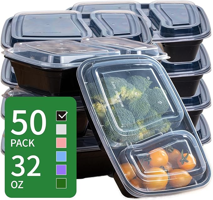 Professional 32oz Meal Prep Containers - 50-Pack (100 Pcs) 2-Compartment with Lids, Secure Seal, Microwave/Freezer/Dishwasher Safe - Bulk Black Food Storage