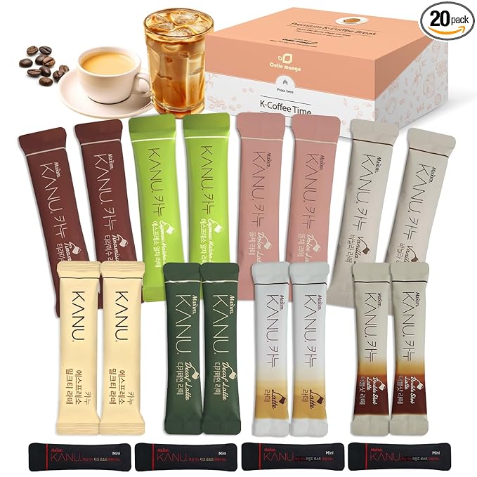 CUTIE MANGO Maxim KANU Premium Korean Instant Coffee Sampler Latte & Americano Assortment Café Style Camping Party Easy-to-Mix Single Serve Packets 20 Variety Pack