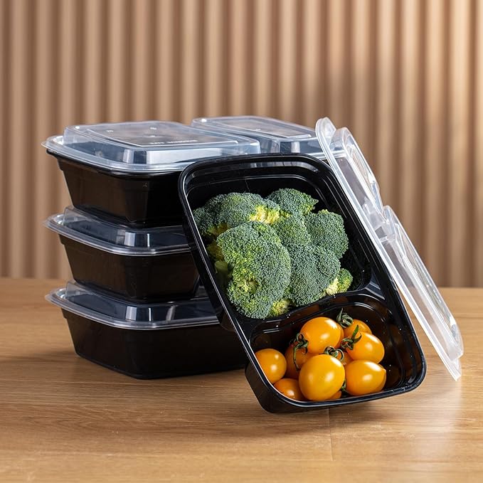 Professional 32oz Meal Prep Containers - 50-Pack (100 Pcs) 2-Compartment with Lids, Secure Seal, Microwave/Freezer/Dishwasher Safe - Bulk Black Food Storage