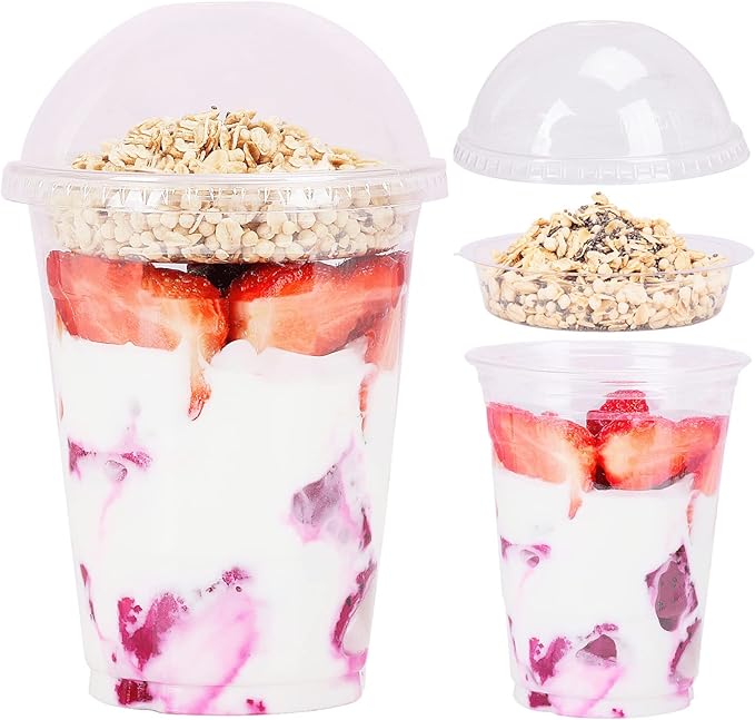 Aatriet 16 oz Clear Plastic Parfait Cups with Insert 4oz & Dome Lids No Hole - (50 Sets) Yogurt Fruit Parfait Cups for Dips and Veggies, Take Away Breakfast and Snacks. No Leaking