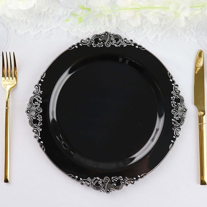 Efavormart 10 Pack | 10" Black and Silver Baroque Dinner Plates, Leaf Embossed Metallic Rim Heavy Duty Serving Plates for Corporate Events and Galas
