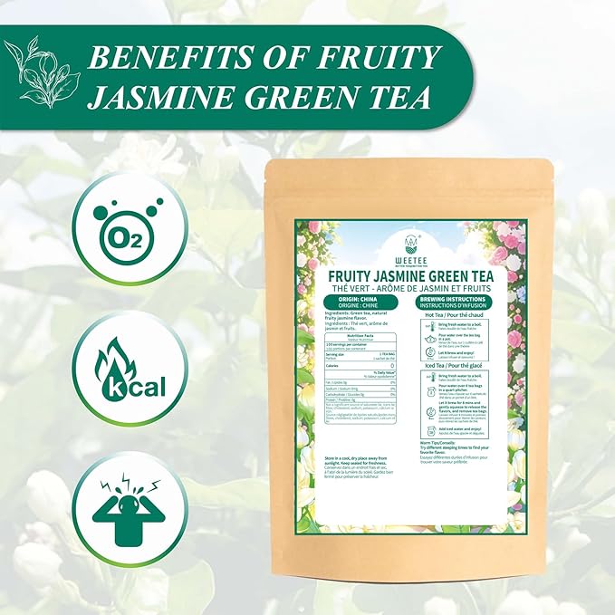 WT WEETEE Fruity Jasmine Green Tea Bags 100 Counts, Flavored Green Tea with Jasmine, Grapes, Passionfruit & Strawberry Aroma, Natural, Balanced & Refreshing