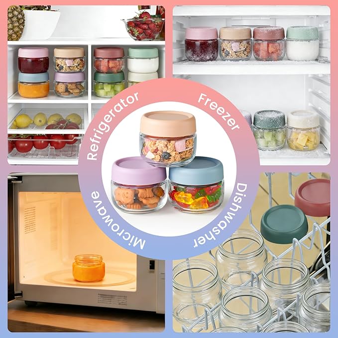 Glass Baby Food Storage Containers, Baby Food Jars, 8 Pack Small Glass Containers with Lids, 4 oz Leakproof Baby Food Storage Containers, BPA Free Microwave/Freezer/Dishwasher Safe, Kids Spoon Fork